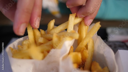 Closeup fingers picking up French fries potato chips from paper bag - eating in fast food restaurant