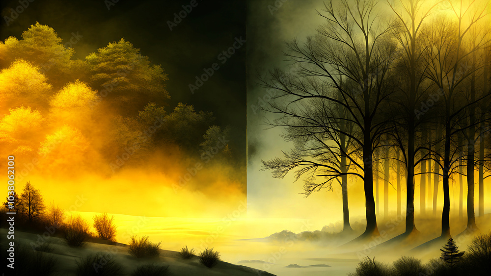 Dynamic and dramatic collage with yellow, black and blue color art of nature with winter fog. Dynamic and dramatic collage with yellow, black and blue color art of nature with winter fog.