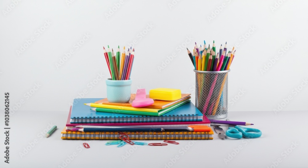 Obraz premium Stack of Colorful Notebooks, Pencils, and Scissors on White Background