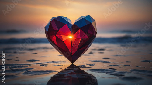 Geometric heart with multi-faceted design showcasing red and black hues on a warm background lighting
