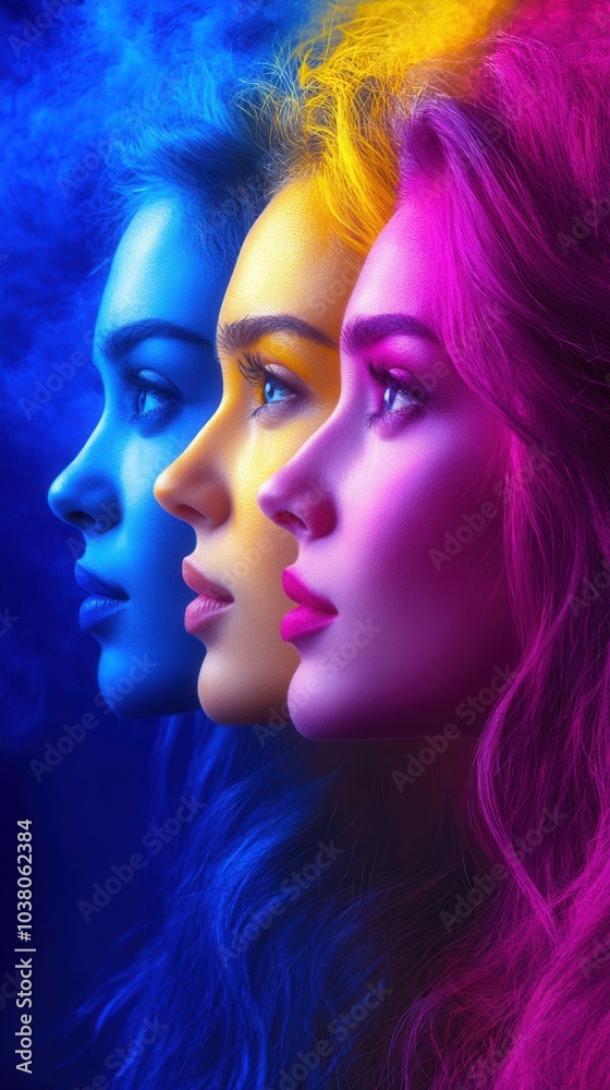 Three women’s profiles are illuminated with striking blue, yellow, and pink lighting against a smoky background. Three women’s profiles are illuminated with striking blue, yellow, and pink lighting against a smoky background.