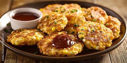 A plate of golden corn fritters served with a dipping sauce.