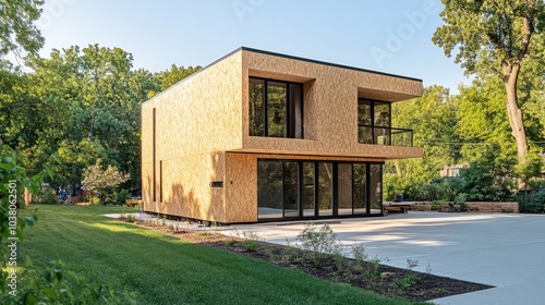 Wallpaper Mural Modern Sustainable Home Design: A two-story house with a modern design, featuring natural wood siding, large windows, and a sleek, minimalist aesthetic. Torontodigital.ca