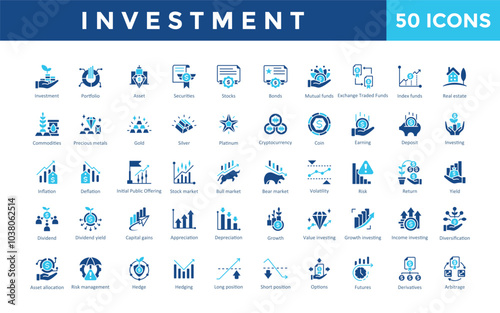 Investment icon set with portfolio, asset, securities, stocks, bonds, mutual funds, exchange traded funds, index funds, real estate, commodities icon. Simple flat vector 
