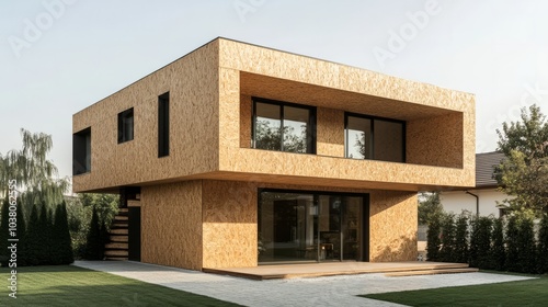 Modern Plywood Home: A minimalist, modern home with a sleek exterior clad in natural plywood. The house is built with a focus on sustainability and environmental consciousness.