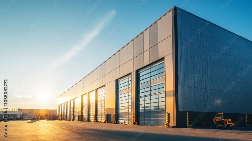 Modern Industrial Warehouse at Sunset