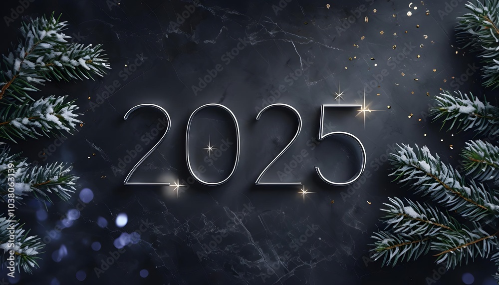 Elegant 2025 New Year Dark Marble Background with Snowy Pine, Perfect for Festive Banners Elegant 2025 New Year Dark Marble Background with Snowy Pine, Perfect for Festive Banners