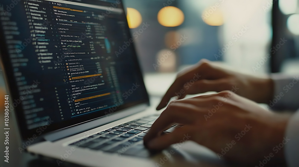Dynamic hands engaged in coding a close-up of a developer typing on a laptop keyboard with complex code on screen Dynamic hands engaged in coding a close-up of a developer typing on a laptop keyboard with complex code on screen