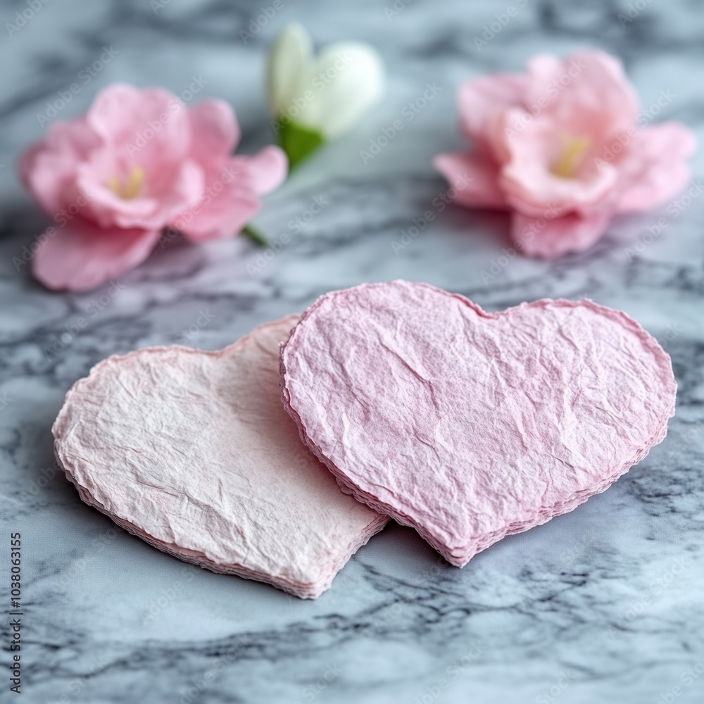 Two heart-shaped handmade papers lie on a marble surface, accompanied by pink flowers. The soft lighting enhances the delicate textures of both the paper and the floral elements, creating a romantic a Two heart-shaped handmade papers lie on a marble surface, accompanied by pink flowers. The soft lighting enhances the delicate textures of both the paper and the floral elements, creating a romantic a
