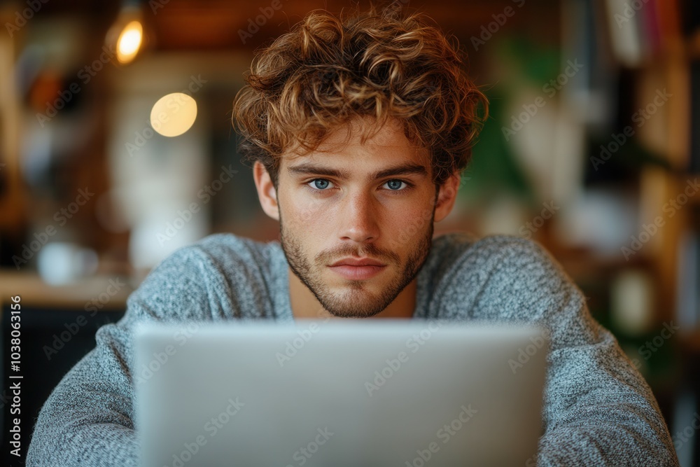 A young man with curly hair and striking blue eyes intently stares at his laptop, seated in a warm café atmosphere. The soft lighting and background hints at a creative space filled with books and pla A young man with curly hair and striking blue eyes intently stares at his laptop, seated in a warm café atmosphere. The soft lighting and background hints at a creative space filled with books and pla