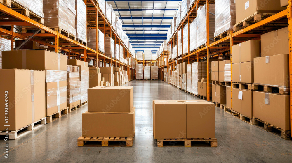 A spacious warehouse filled with neatly stacked cardboard boxes on shelves, with a clear pathway and bright lighting. A spacious warehouse filled with neatly stacked cardboard boxes on shelves, with a clear pathway and bright lighting.