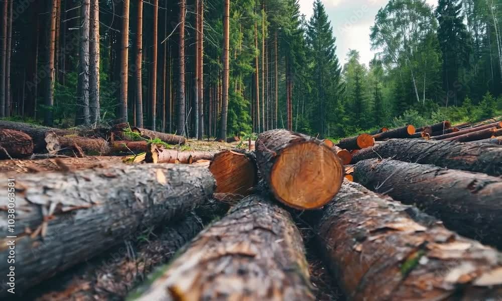 Log spruce trunks pile. Sawn trees from the forest. Logging timber wood industry