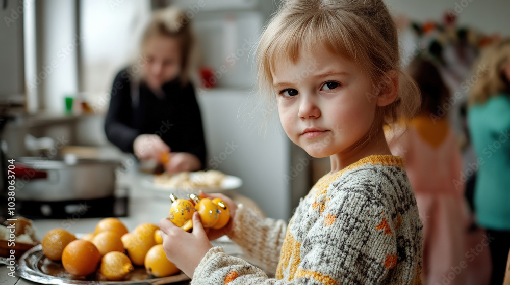 Fototapeta premium young girl holds oranges in cozy kitchen, showcasing her focus and curiosity while preparing food. warm atmosphere highlights family moments and togetherness