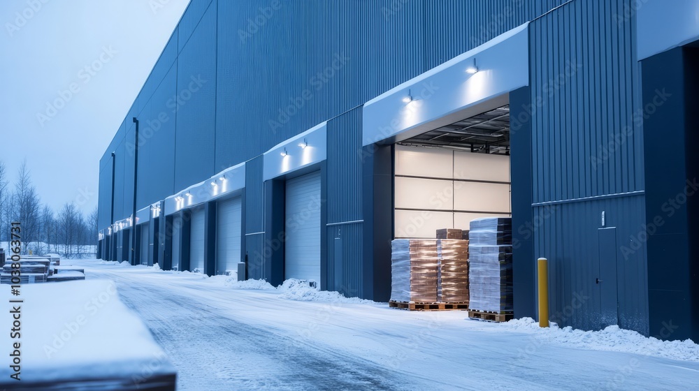 Obraz premium Winter Warehouse Loading: Cargo awaits transport outside a modern, sleek warehouse on a snowy winter day.