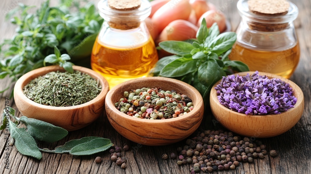 Herbs, spices, nuts, oil, and a marble background. Herbs, spices, nuts, oil, and a marble background.