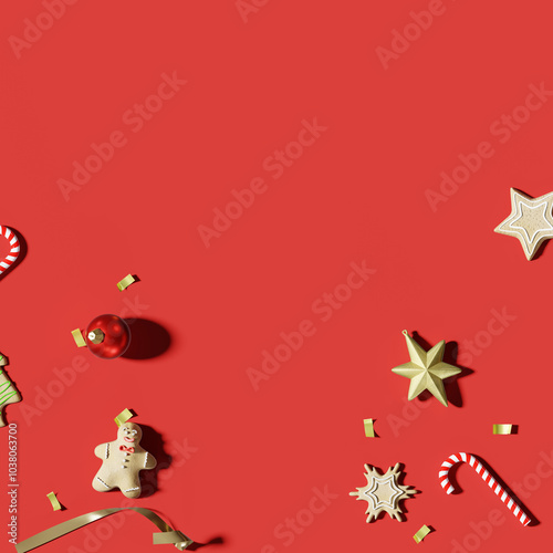 Flat lay Christmas decorations on red background. 3d rendering