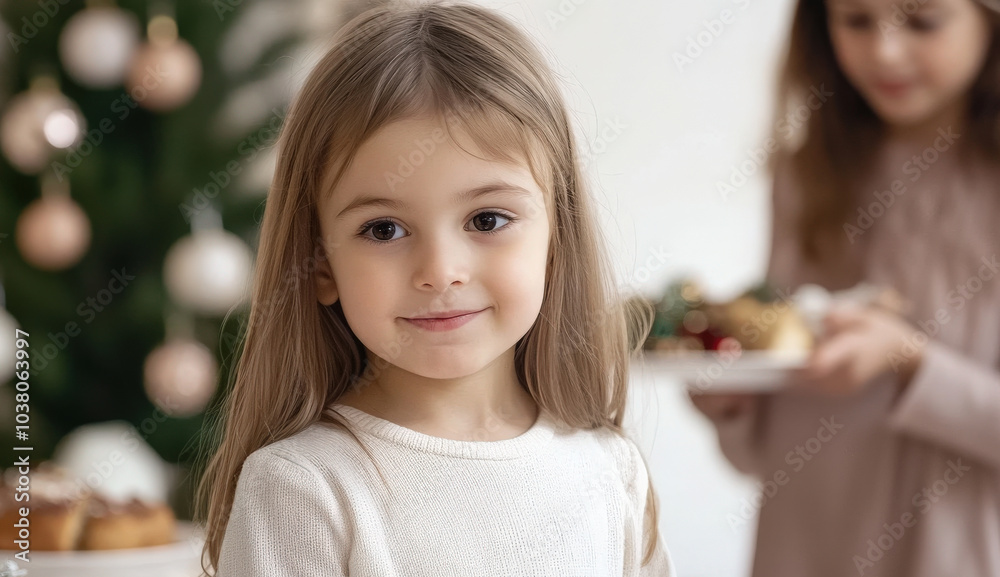 Fototapeta premium charming young girl with long hair smiles softly, embodying joy of festive season. background features beautifully decorated Christmas tree, enhancing warm atmosphere