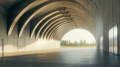 Sunlit Concrete Cathedral: A majestic architectural marvel of concrete arches leading to a sun-drenched landscape. The image evokes a sense of grandeur, peace, and architectural design excellence.