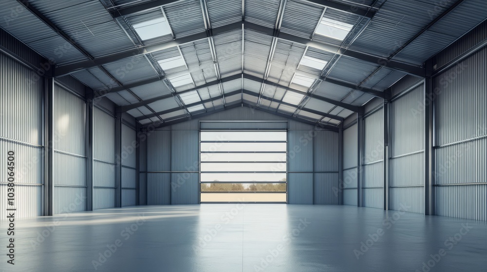 Empty Industrial Warehouse: A spacious and well-lit industrial warehouse with a large roll-up door, offering a blank canvas for your imagination. Ideal for showcasing industrial equipment. Empty Industrial Warehouse: A spacious and well-lit industrial warehouse with a large roll-up door, offering a blank canvas for your imagination. Ideal for showcasing industrial equipment.