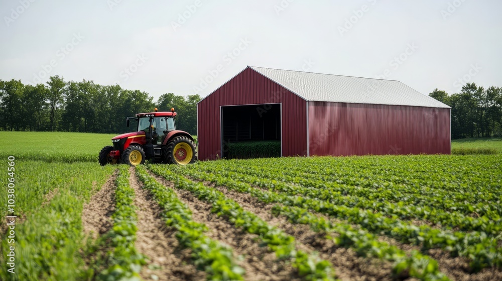 Obraz premium Red Barn Farm Tractor: A vibrant red barn stands proudly amidst a lush green field, a powerful tractor diligently working the land, painting a picturesque scene of agricultural life. 