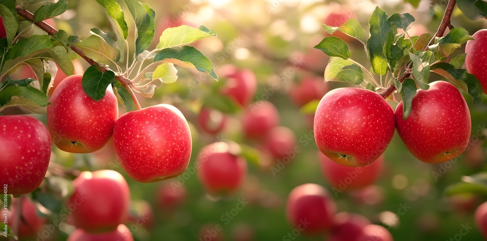 A close-up view of ripe red apples hanging from branches in an orchard. A close-up view of ripe red apples hanging from branches in an orchard.