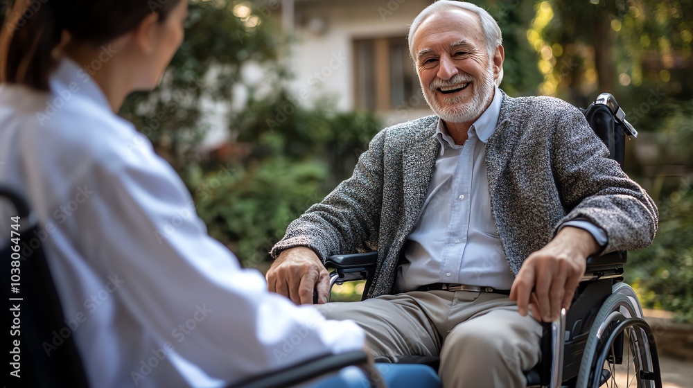 A young woman is talking to an elderly man in a wheelchair outdoors. A young woman is talking to an elderly man in a wheelchair outdoors.
