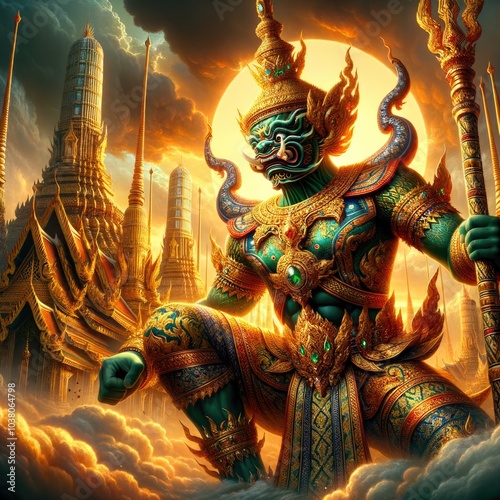 Fierce Thai Yaksha Guardian: A Mythical Giant in Ornate Golden Armor Wielding a Staff, Surrounded by Swirling Clouds and Towering Temple Spires Against a Glowing Sunset photo