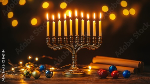 Hanukkah Menorah Against a Festive Background: Celebrating the Festival of Lights in a Warm, Joyful Setting photo