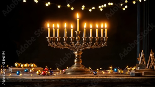 Hanukkah Menorah Against a Festive Background: Celebrating the Festival of Lights in a Warm, Joyful Setting photo