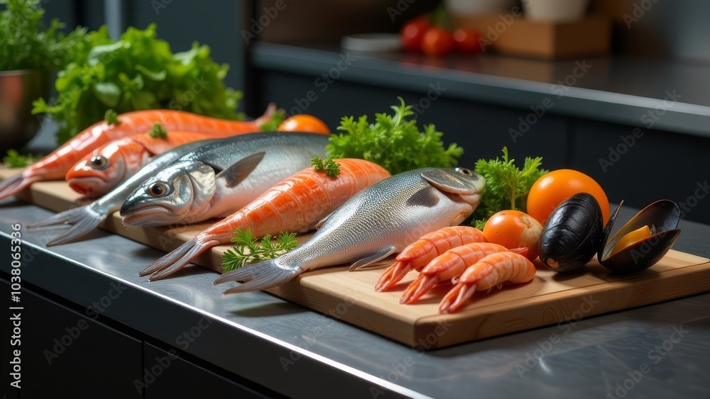 A variety of seafood and vegetables are displayed on a wooden cutting board A variety of seafood and vegetables are displayed on a wooden cutting board