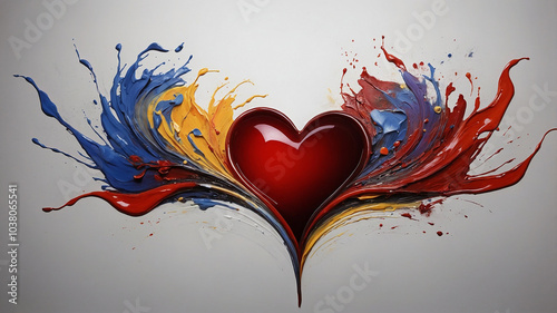 Vivid heart bursting with colorful paint splashes against a neutral background expresses vitality and life. photo