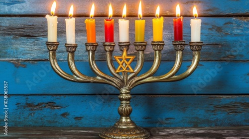 Hanukkah Menorah Against a Festive Background: Celebrating the Festival of Lights in a Warm, Joyful Setting photo