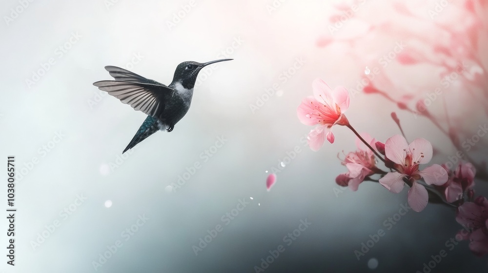 Obraz premium A hummingbird flying next to a flower