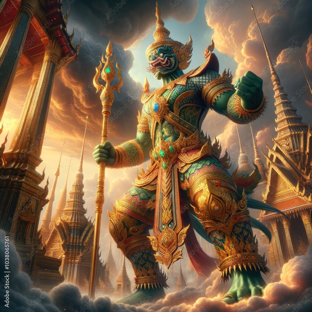 Fierce Thai Yaksha Guardian: A Mythical Giant in Ornate Golden Armor Wielding a Staff, Surrounded by Swirling Clouds and Towering Temple Spires Against a Glowing Sunset