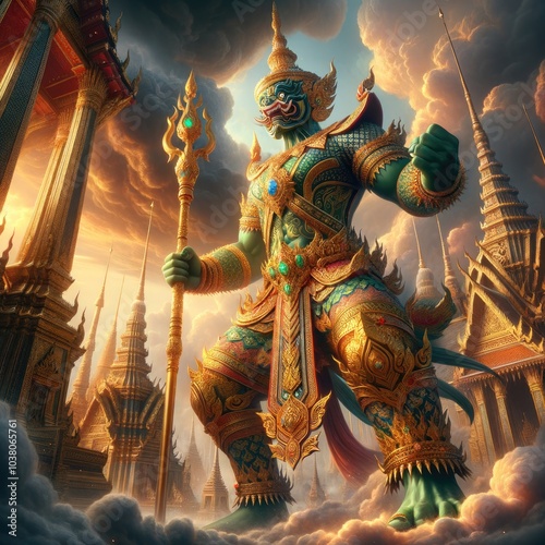 Obraz na płótnie Fierce Thai Yaksha Guardian: A Mythical Giant in Ornate Golden Armor Wielding a Staff, Surrounded by Swirling Clouds and Towering Temple Spires Against a Glowing Sunset w salonie