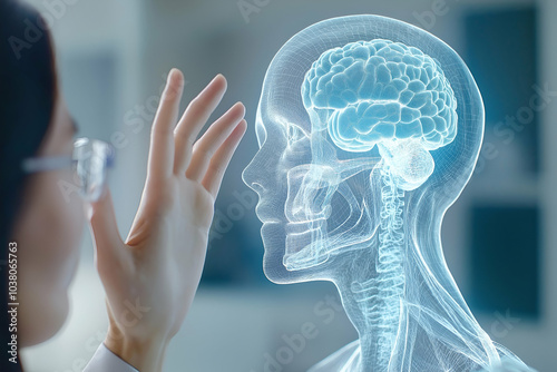 Futuristic Doctor Interacting with Holographic Human Anatomy in High-Tech Medical Setting