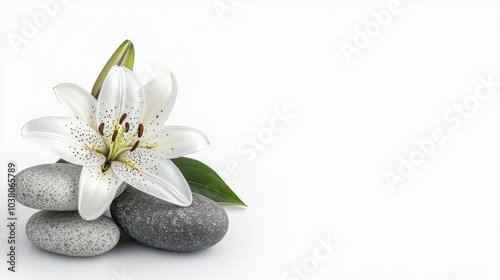 A serene composition featuring a white lily and smooth stones, evoking tranquility and nature.