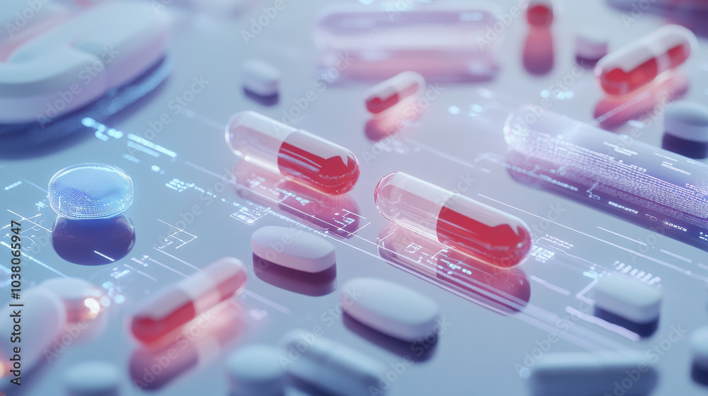 pills on technology in lab background, concept medicine, e prescription and pharmacy science pills on technology in lab background, concept medicine, e prescription and pharmacy science