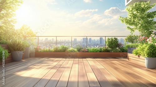 Scenic rooftop terrace with city view, lush greenery, wooden flooring, and flowers