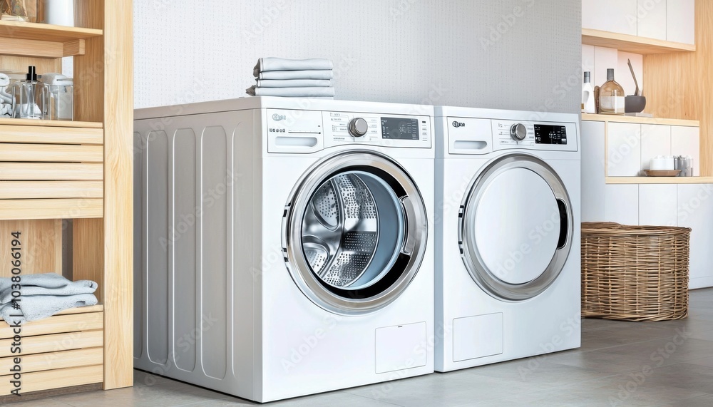 A modern laundry setup featuring a washing machine and dryer, neatly arranged with towels, emphasizing home convenience and functionality.