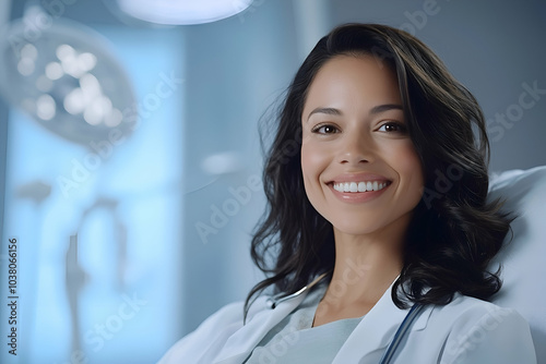 Smiling Female Doctor in Modern Medical Office with Professional Equipment