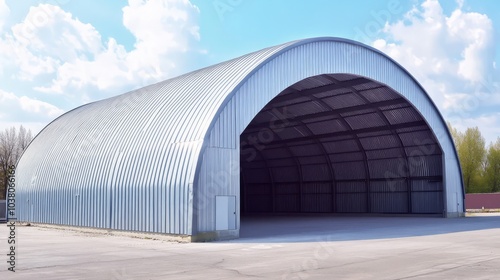 Arched Steel Hangar: A sturdy, modern steel hangar with an arched roof stands ready for its purpose, showcasing the durability and functionality of this architectural design. 