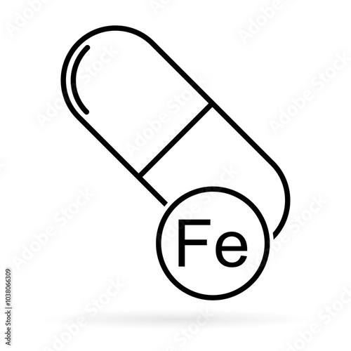 Mineral Fe icon shadow, healthy medicine pill supplement symbol, complex vitamin vector illustration