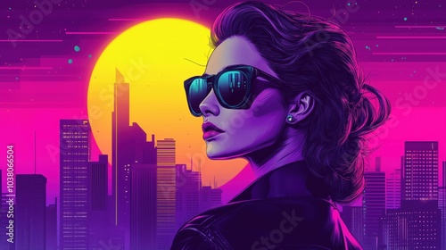 Retro futuristic woman with sunglasses, city skyline, vibrant sunset