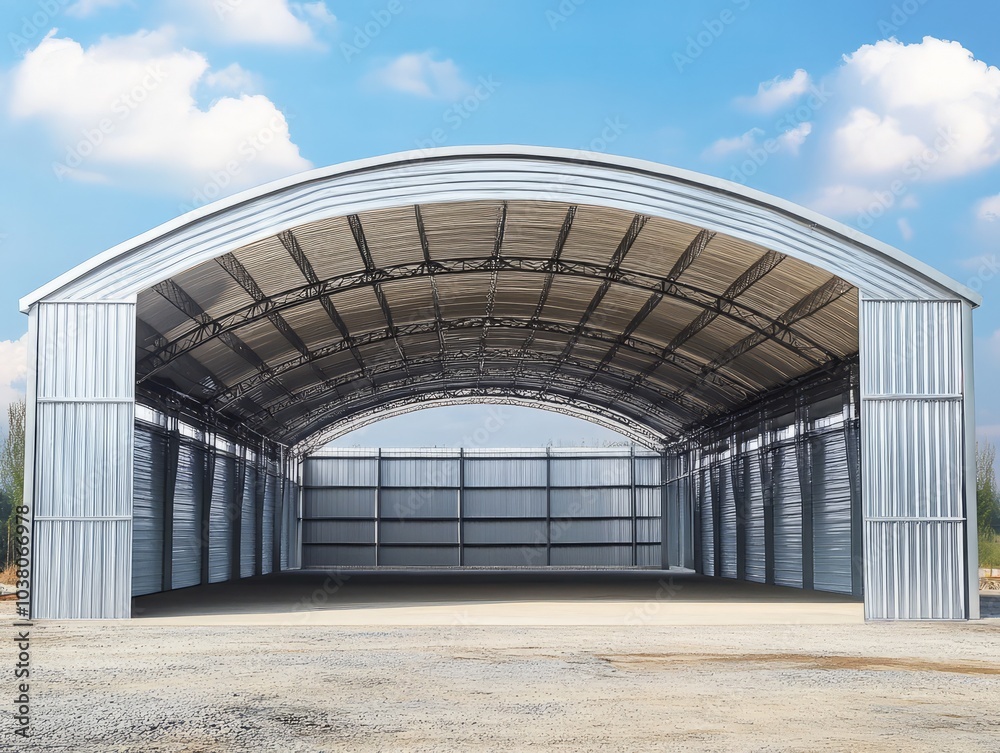 Steel Arched Building: A spacious, modern, and durable steel arched building stands tall, showcasing its robust construction and expansive interior space. Perfect for storage, workshops. Steel Arched Building: A spacious, modern, and durable steel arched building stands tall, showcasing its robust construction and expansive interior space. Perfect for storage, workshops.