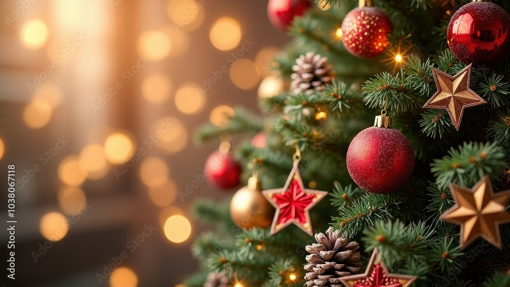 Close-Up of a Festive Christmas Tree with Decorative Elements
