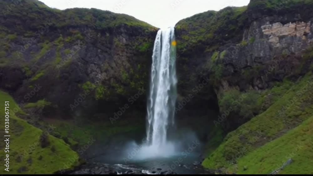 Majestic twin waterfalls cascading over lush green cliffs into a serene pool surrounded by vibrant foliage Majestic twin waterfalls cascading over lush green cliffs into a serene pool surrounded by vibrant foliage