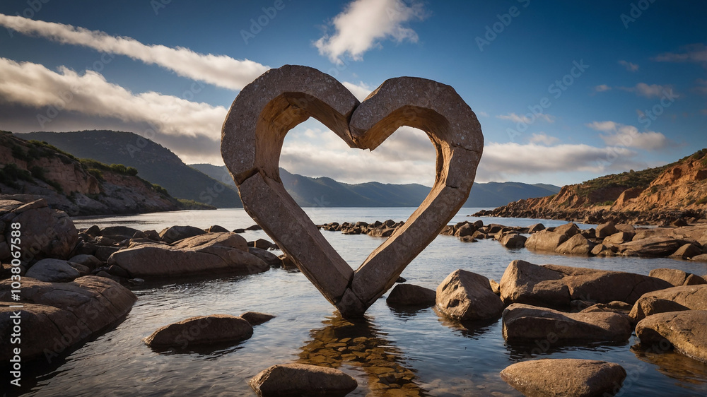 Fototapeta premium Heart-shaped stone sculpture in serene waters with scenic mountain backdrop and cloudy sky. Nature's art.