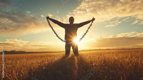Freedom Concept of Breaking Chains at Sunset