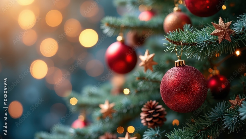 Obraz premium Festive Christmas Tree with Red Ornaments and Pinecones